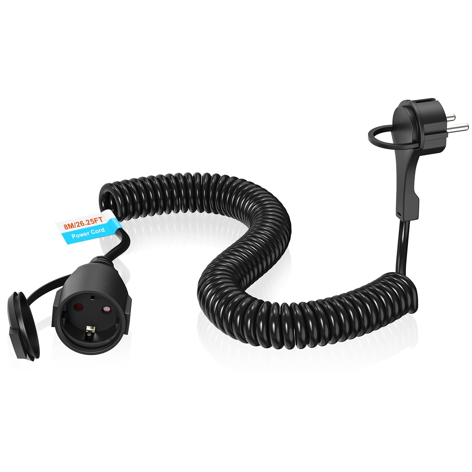 Cavo di prolunga a spirale, 8 m, IP44, Schuko, estensibile fino a 8 m, 3 x 1 mm², cavo a spirale per famiglia, cantiere, giardino (250 V/16 A, nero)
