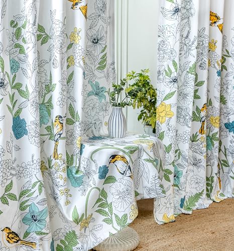 Image of Tranquebar Curtain Co. Window Curtains 6 Feet, 60-65% Room Darkening, Yellow Floral & Bird Print, Cotton Curtains for Window, Cotton Curtains 6 Feet Long Set of 2, BackTabs, Dia (183 cm) - Set of 2