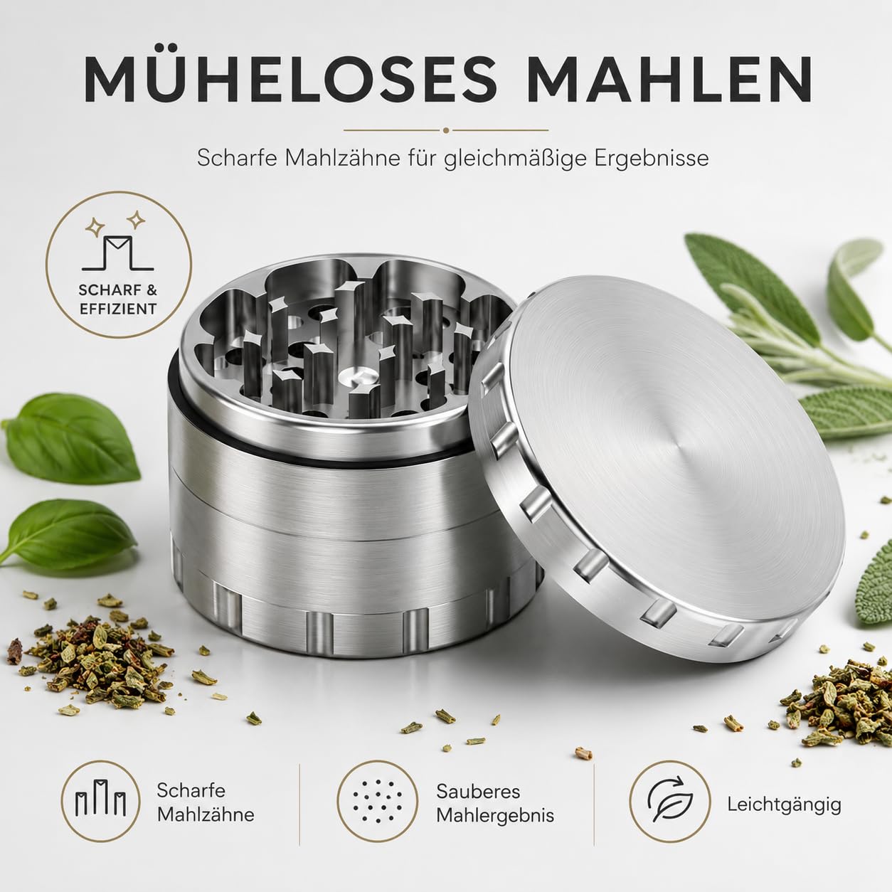 JCASE Edelstahl Grinder 63 mm, 4-teilig – massive Kräuter- & Gewürzmühle aus rostfreiem Stahl, 435 g, mit feinem Sieb, Magnetdeckel & Hardcase-Tasche