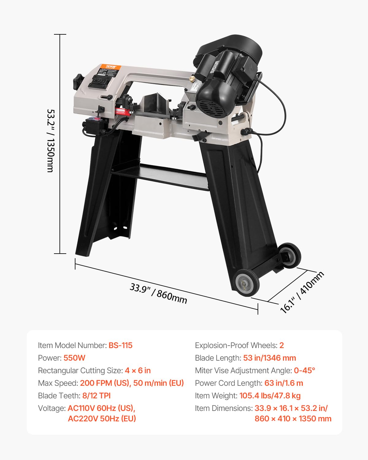 VEVOR Sierra de Cinta Horizontal Portátil 86 x 41 x 135 cm para Corte Horizontal y Vertical de Metal con Motor de 550 W, Ajuste de Ángulo de 0 a 45°, Velocidad Variable, para Metal, Madera y Plástico