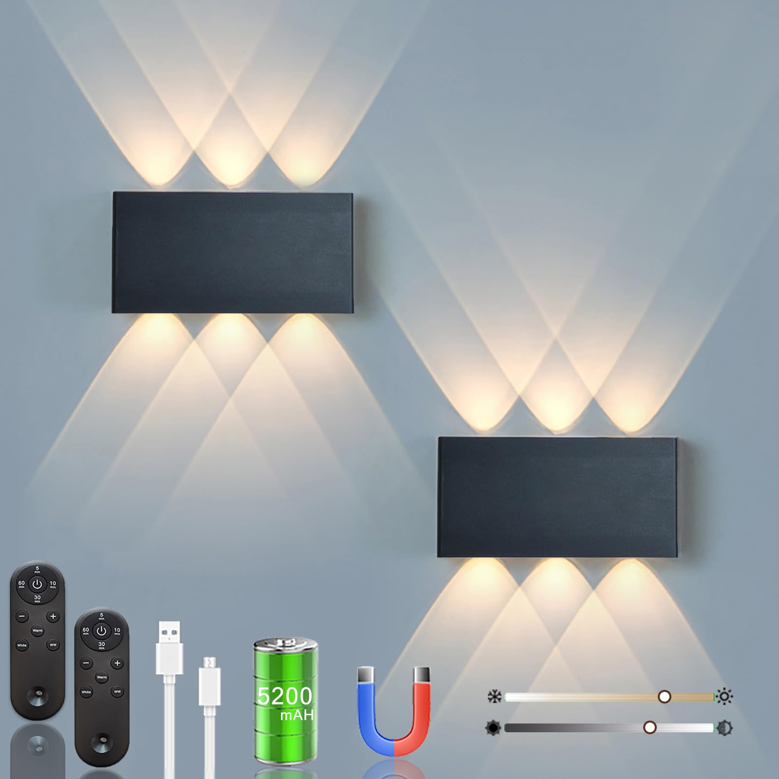 Shelprojsu LED Cordless Wall Sconce, 5200mAh Rechargeable Battery Operated Wall Lamp with Remote Control, 3 Colors and Dimmable Magnetic Wireless Wall Light (Black, 2 PCS)