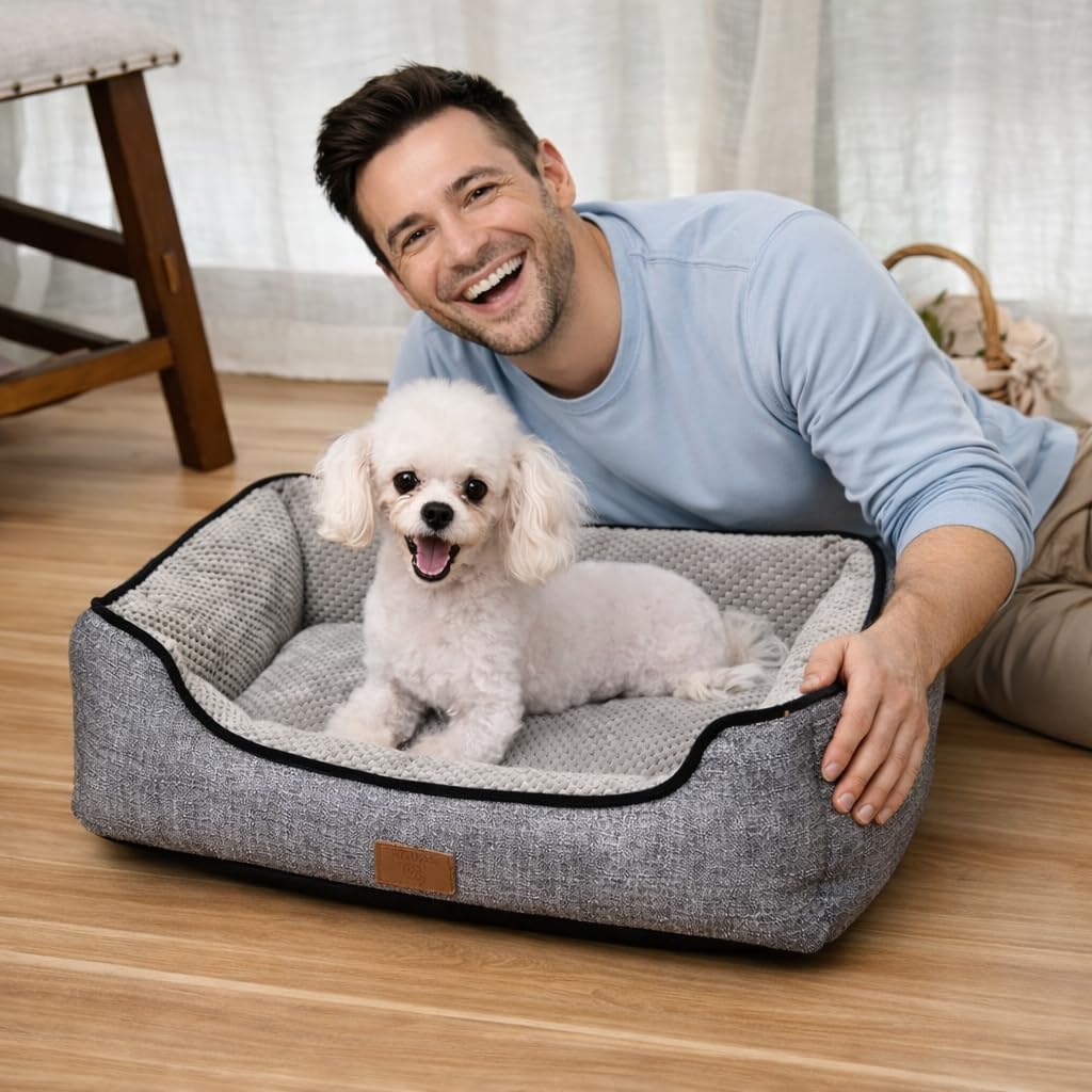 Premium Rectangular Dog Bed for Small Dogs & Cats – Soft Cushioned Bolster Pet Bed with Raised Sides, Washable Indoor Puppy Sofa Bed (Gray, M)