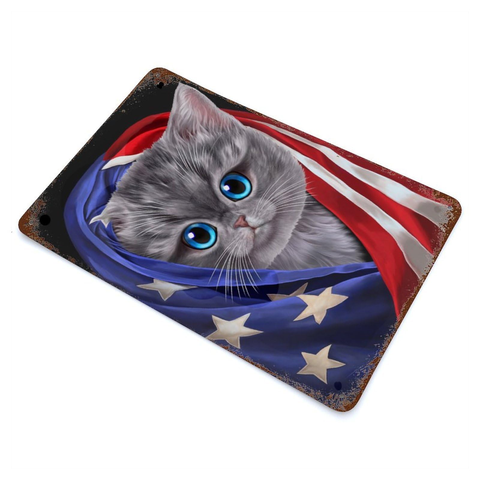 Weathered Tin Sign with Grey Kitten USA Patriot Design 11.8"x7.9", for Basement, Hobby Room And Garage Decor, Industrial Home Decor