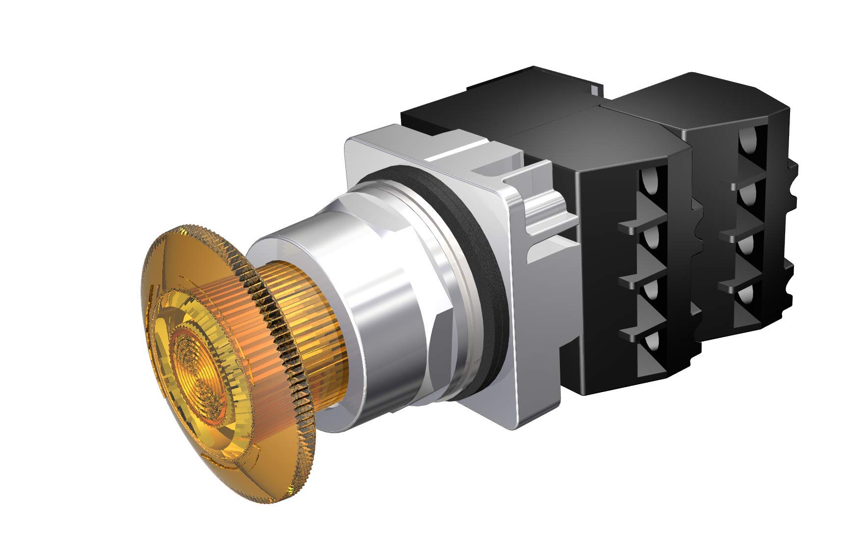 Siemens 52PR8GTG - Unità a rilascio avvitabile illuminata resistente, 30 mm, ambra, testa a fungo in plastica, mantenuta, contatto 2NC, trasformatore CA 120 V, lampadina a incandescenza, cromato, a