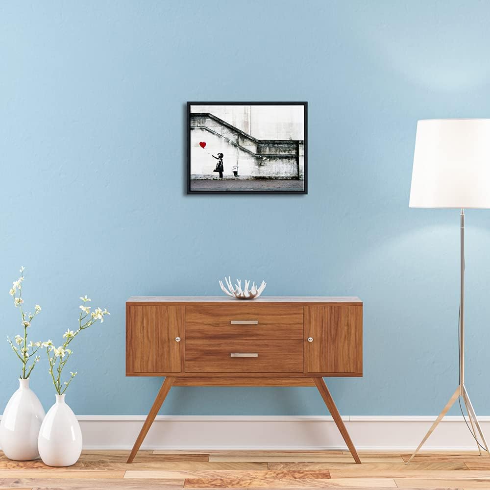 Pyradecor Black Framed Wall Art Banksy Grafitti Girl with Red Balloon Grey Love Pictures Paintings Canvas Prints Artwork for Living Room Bedroom Decorations