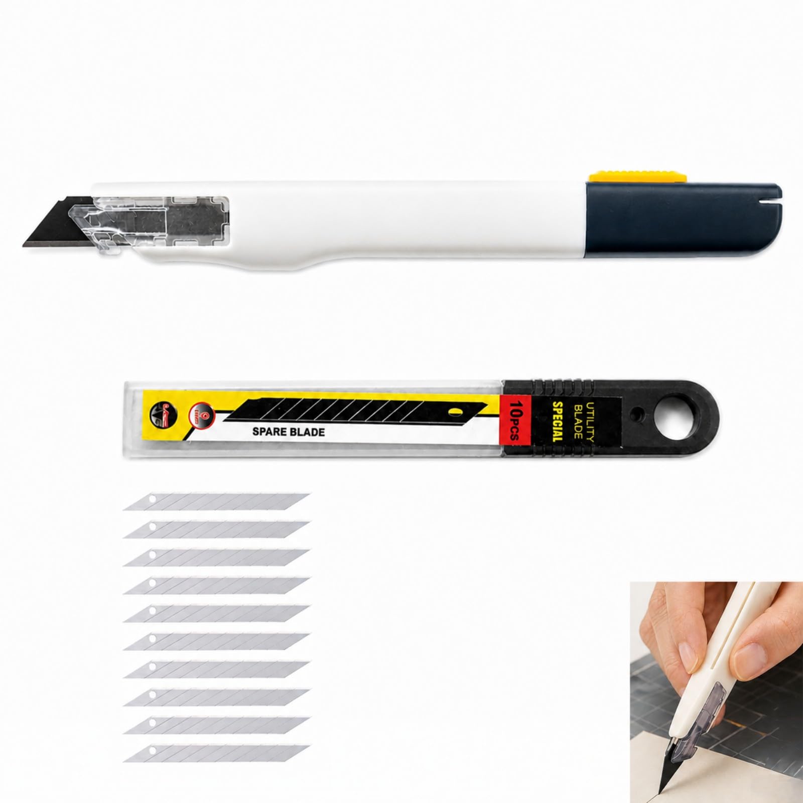 QLK Set de Precisión, Cutter con 10 Hojas, Herramienta Práctica para Manualidades, Corte Preciso para Papel, Cartón y Modelismo