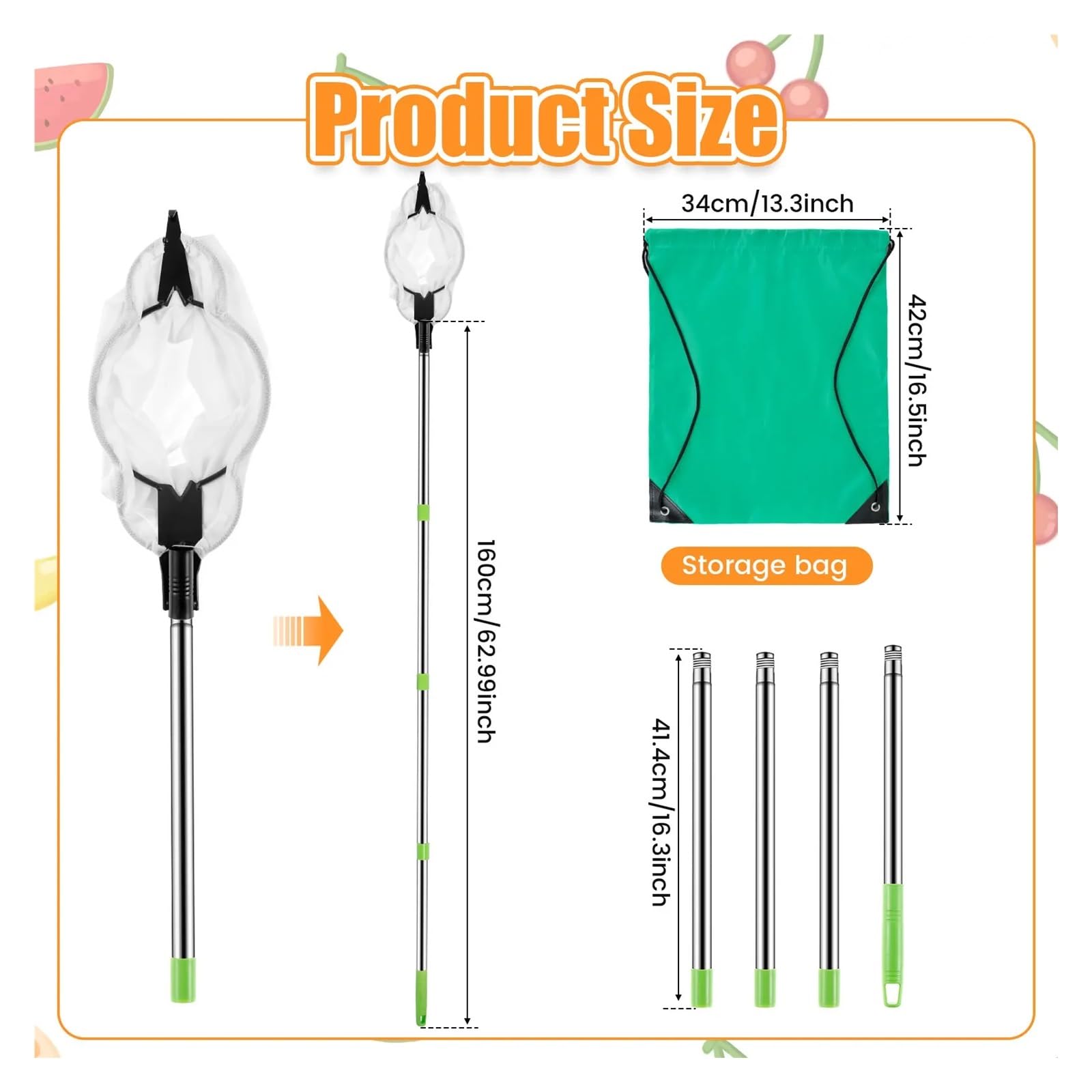 Cueille Fruit Telescopique Cueilleur de Fruits en Acier Inoxydable 1,6/2 m avec Sac Rangement(1 Set 1.6M)