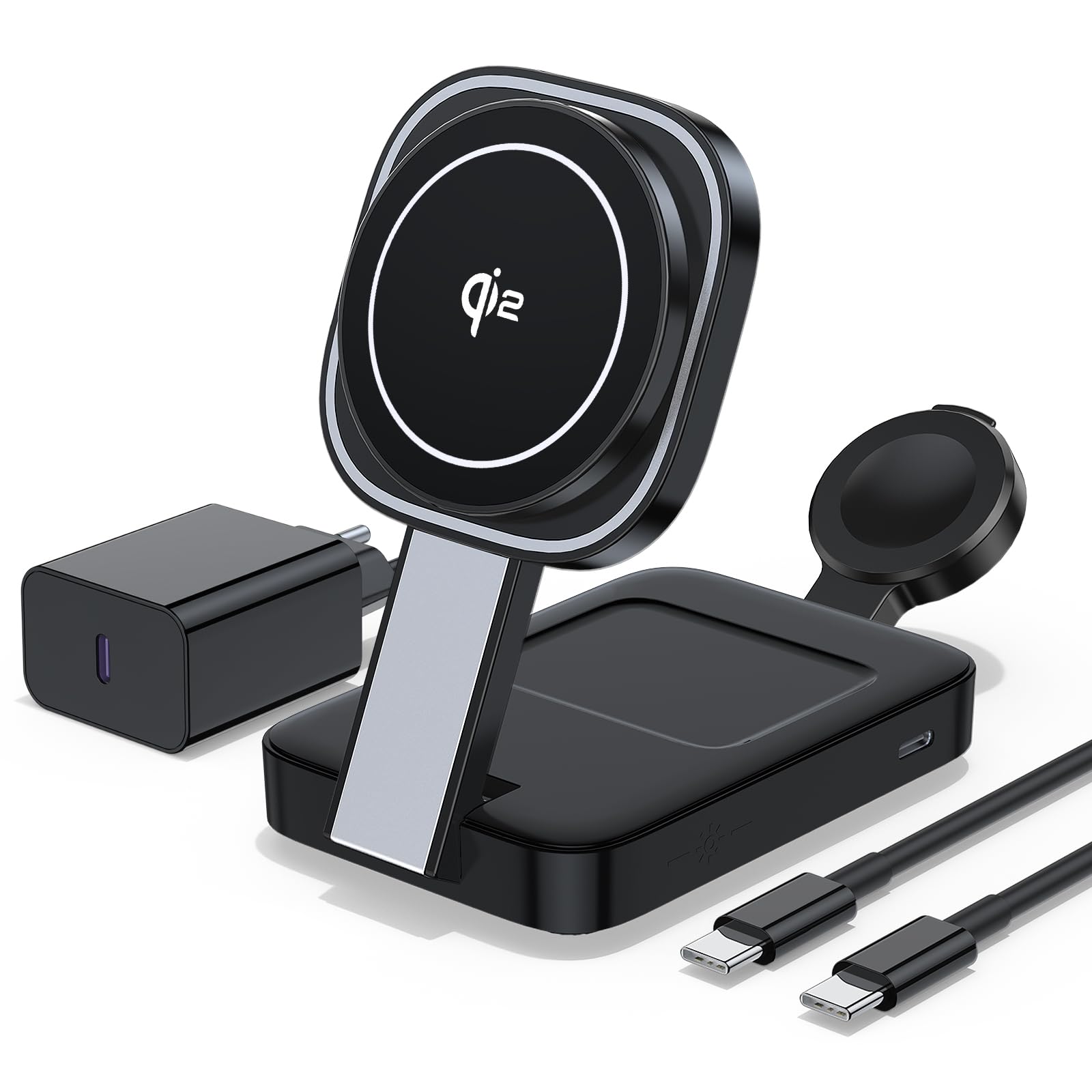 3 en 1 Pliable Station de Charge Pour Apple, Chargeur Induction sans Fil mit Mag-Safe für iPhone 17 Pro Max/17 Air/16 Plus/15/14/13 Mini/12/11,Apple Watch 10/9/8/7/6/SE/Ultra,AirPods(Avec Adaptateur)