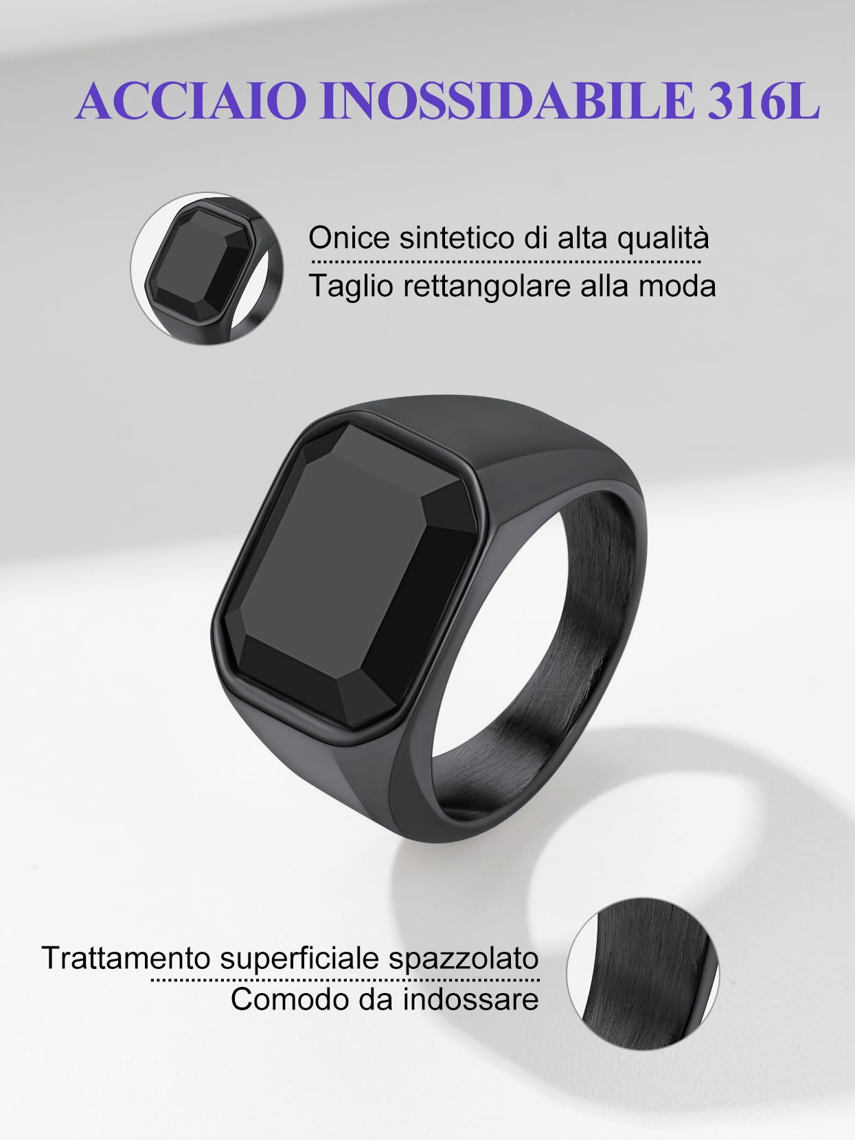 Richsteel Anello Uomo Argento Anello in Acciaio Inossidabile 316L Zircone Agata Nera Superficie Diamantata Quadrata Anello Taglia IT 14-27 Regalo Compleanno Impermeabile e Antiallergico