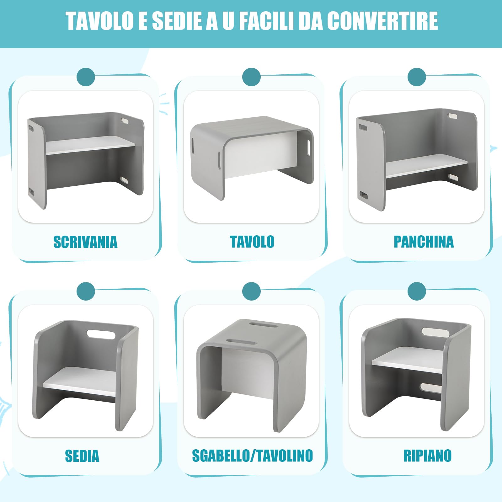 COSTWAY Set Tavolo e 2 Sedie per Bambini 2-9 Anni, Set Multiuso in Legno di Faggio con Maniglie Ergonomiche, Design Salvaspazio, Senza Montaggio, Portata 100 kg (Grigio)