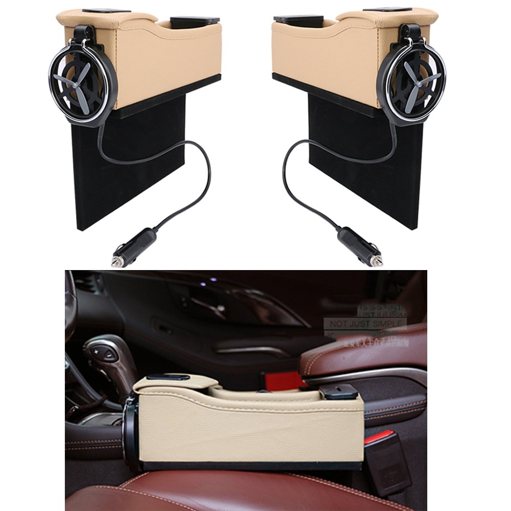 2 PCS Multi-function PU Leather Vehicle Storage Box With Coin Organizer 2 USB Charging Ports, Console Side Organizer with Foldable Cup Holder (Beige)
