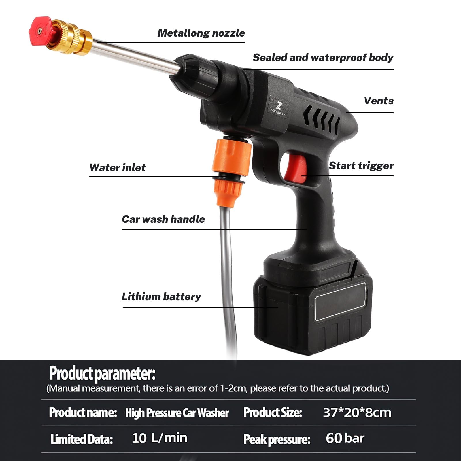 Joulli Lavadora de alta presión con batería, pistola de agua portátil de alta presión, lavadora de coches, pistola de pulverización, generador de espuma, pistola de agua (20000 mAh),QD0114