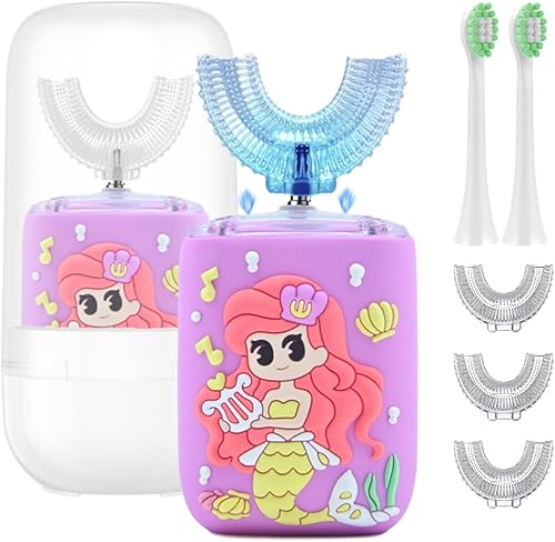 Geacker Cepillo de dientes eléctrico para niños, cepillo de dientes en forma de U, cepillo automático sónico para niños con taza, 5 cabezales de