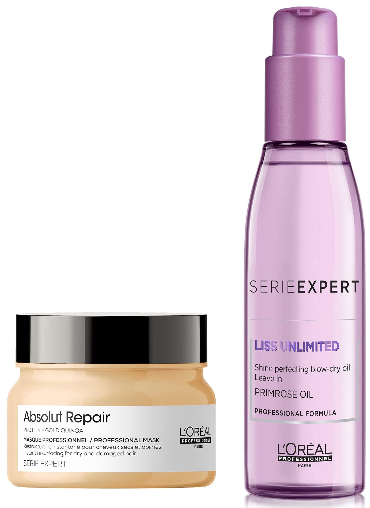 L'OREAL PROFESSIONNEL PARIS Serie Expert Liss Unlimited Blow Dry Serum, 125Ml For Frizz-Free Hair & Serie Expert Absolut Repair Masque, 250G For Dry & Damaged Hair
