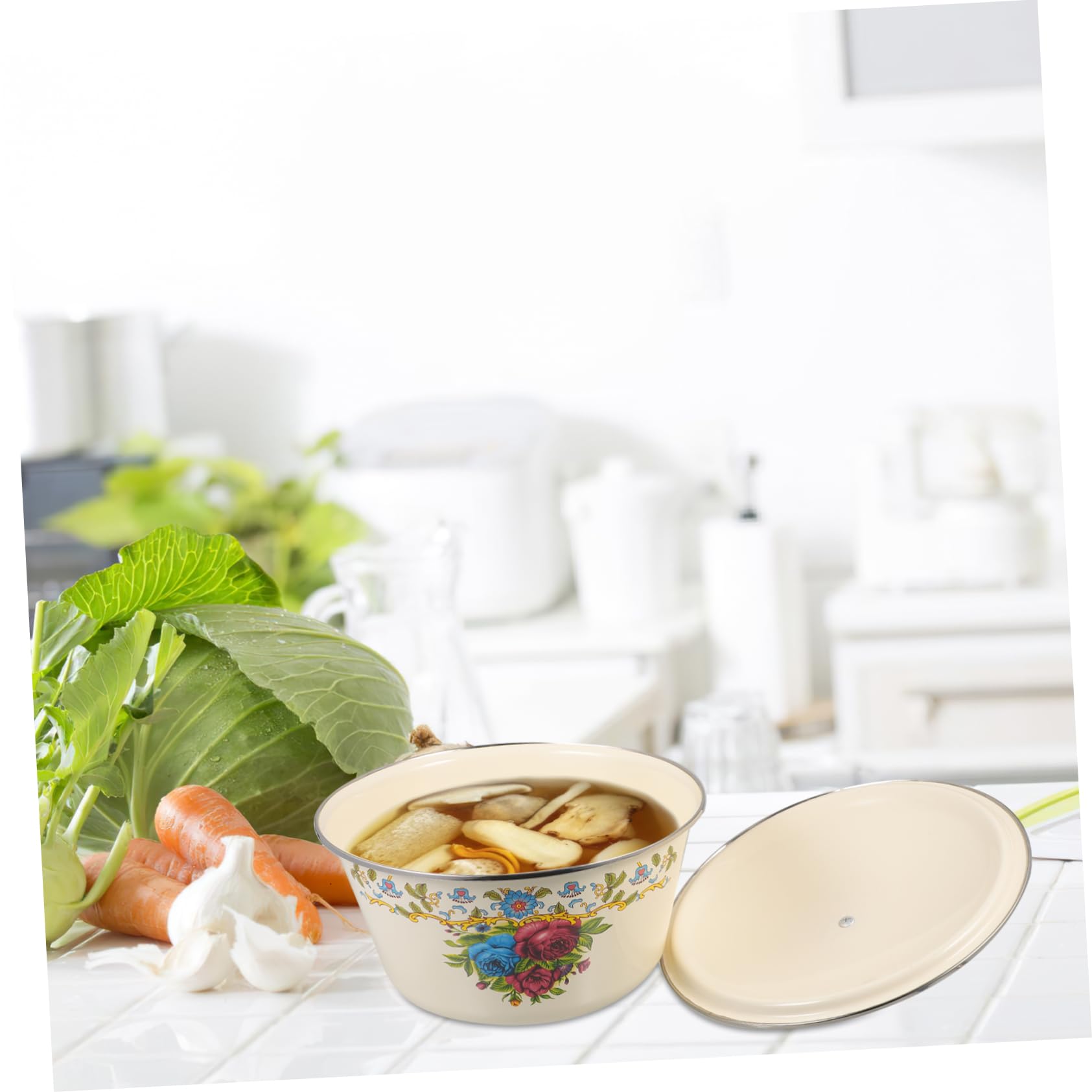 Angoily Groß Email Bowl Emailware Suppenschüssel: Emaille Mischschüssel mit Deckel e Dekorative Camping Lebensmittelzubereitung Öl Lagerung CAN 26 Cm