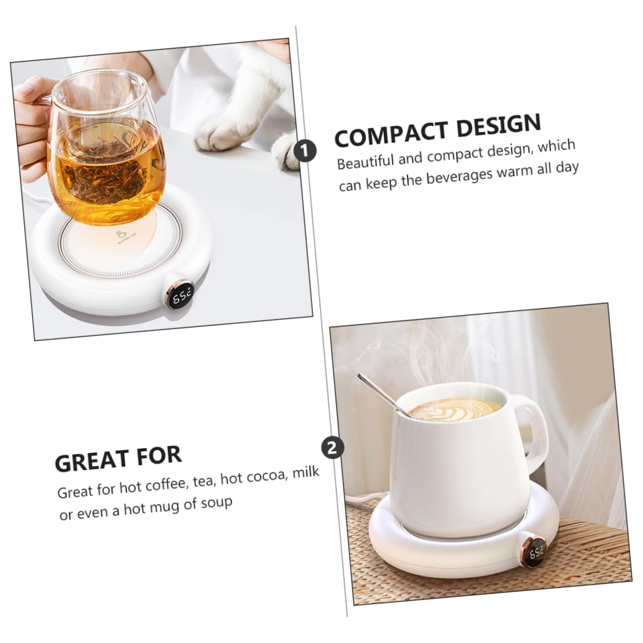 Posavasos Calentador de Tazas USB 5v 10w, Plástico Blanco | Niveles Múltiples 55℃-65℃-75℃, Apagado Temporizador 8h, Diseño Compacto para Casa y Oficina