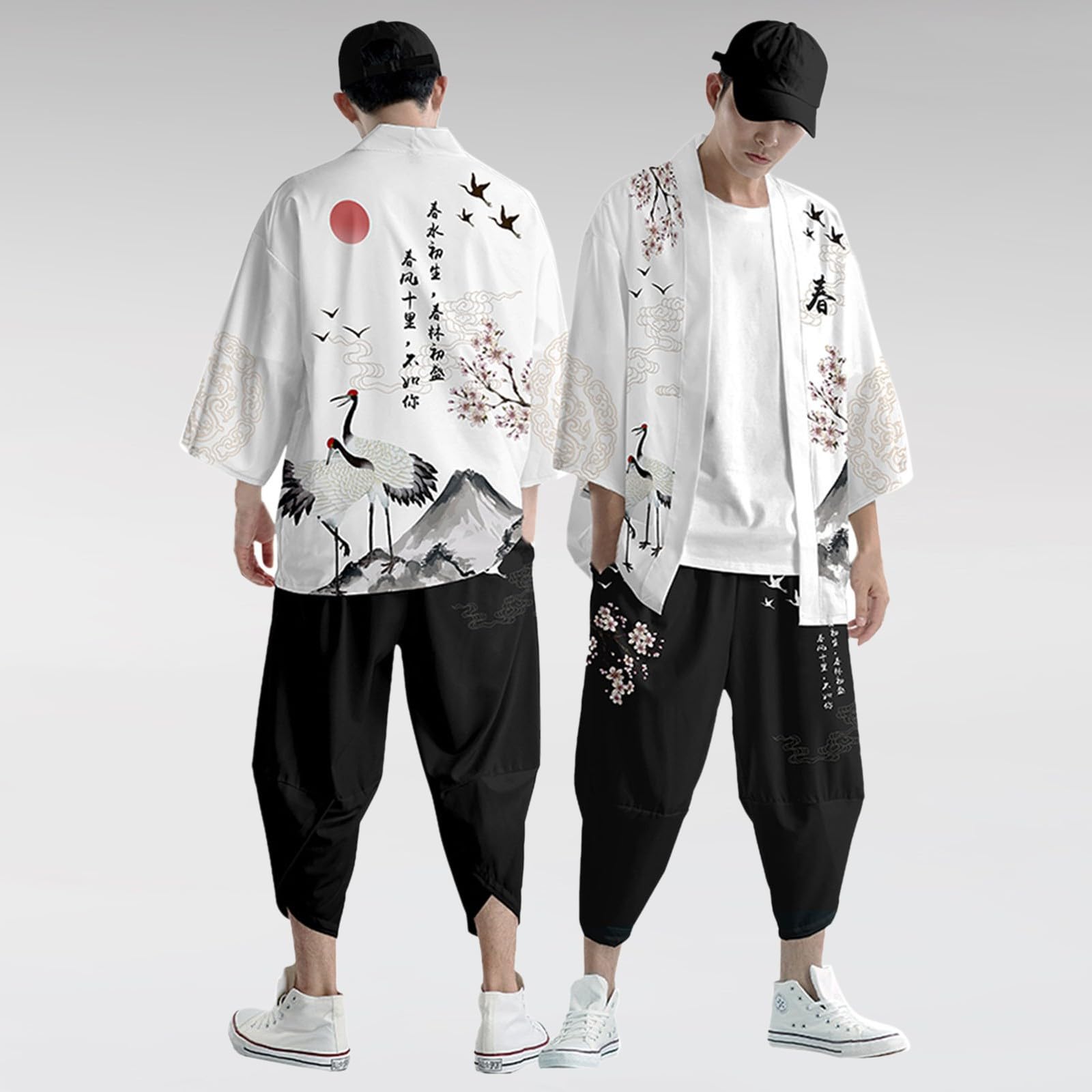 Kimono traditionnel pour homme - Costume ample yukata - Style japonais - Kimono imprimé traditionnel - Cardigan et pantalon - Veste fine - Cardigan japonais - Pantalon sarouel