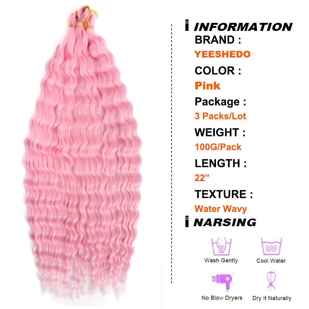 YEESHEDO 3 Packs Ocean Wave Crochet Braids Hair Extensions for women,Long Deep Wavy Pink Curly Synthetic Hair Boho Braiding Locs Crochet Hair,22inch - Image 3