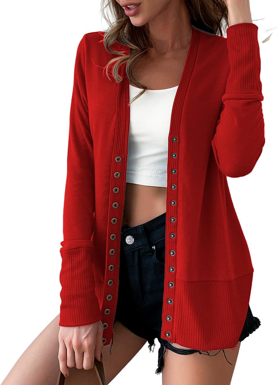 VERABENDI Women Long Sleeve Snaps Button Down V Neck Cute Knit Sweater Cardigan