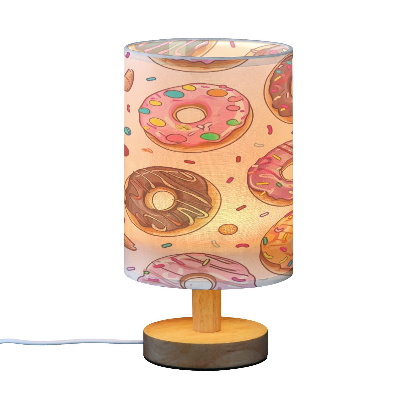 SDMKA Donuts Pattern Bedside Table Lamp for Bedroom, Minimalist Nightstand Lamp with Round Fabric Shade for Living Room, Office, No Bulb Required