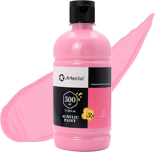 Artecho Pink Acrylic Paint 500ml/17oz, Craft Paint for Art Supply, Ideal for Canvas, Fabric, Pumpkin, Rock, Leather, Model, Ceramic, Plastic, Clay, Glass.