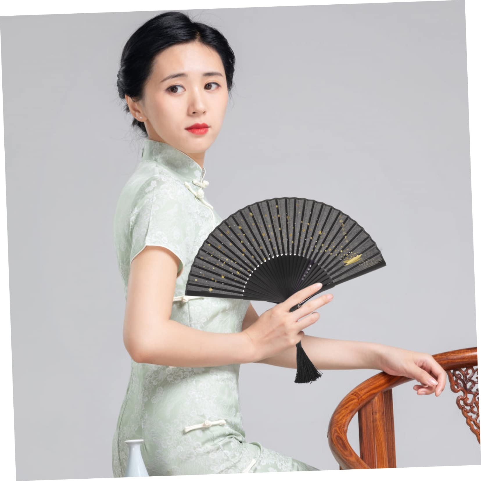 Folding Hand Fan with Delicate Pattern Chinese Style Portable Lightweight for Weddings Parties Dancing and Travel Elegant Bamboo Design with Tassel