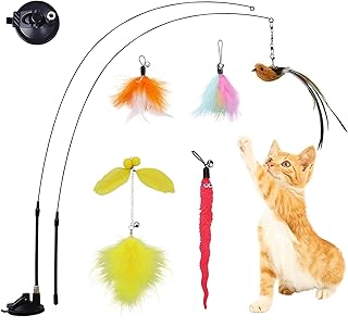 Jetczo Cat Feather Toys, Interactive Cat Toy with Super Suction Cup Detachable 5 PCS Feather Replacements with Bell, 2 Wan...