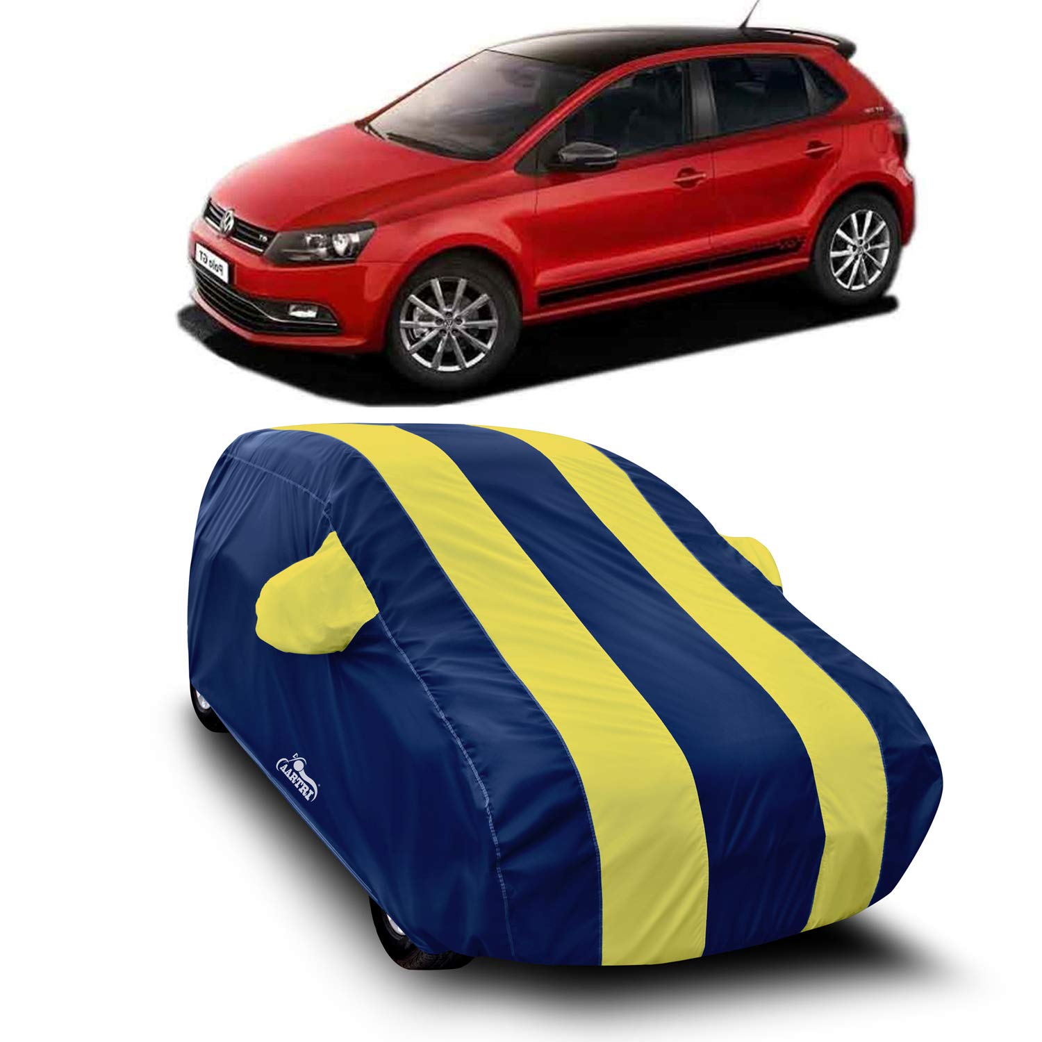 AARADHYA ENTERPRISES Presents Quality Water Resistant Car Cover for Volkswagen Polo GT with Triple Stitched Fully Elastic Ultra Surface Body Protection (Strips Yellow with Mirror Pockets)