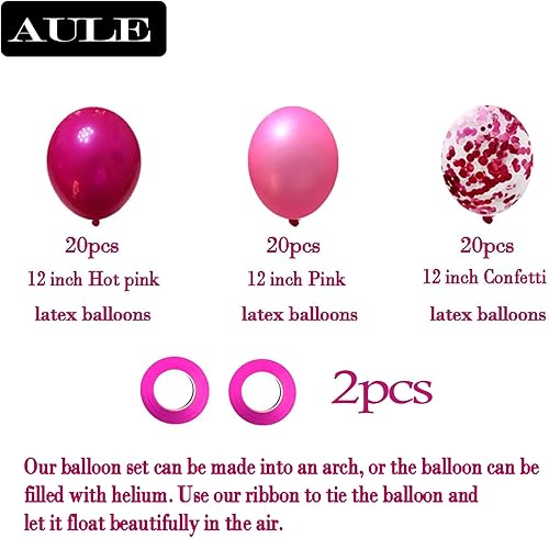 Miniatura 2 de AULE Globos de color rosa intenso y rosa de 12 pulgadas, 60 piezas de globos de látex magenta de alta calidad, cinta de 64 pies para decoraciones de