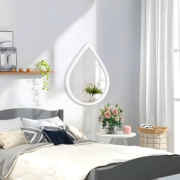 Wall Mirror Decorative Rustic Wood Framed Irregular Farmhouse White Hanging Mirror for Bedroom & Bathroom - Teardrop Shape, 50x40cm