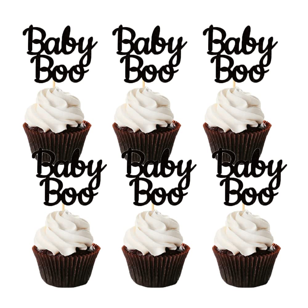 24 Pcs Halloween Baby Boo Cupcake Toppers Black Cake Decor Toothpicks for Baby Theme Party Cake Decoration Supplies MGPFERD