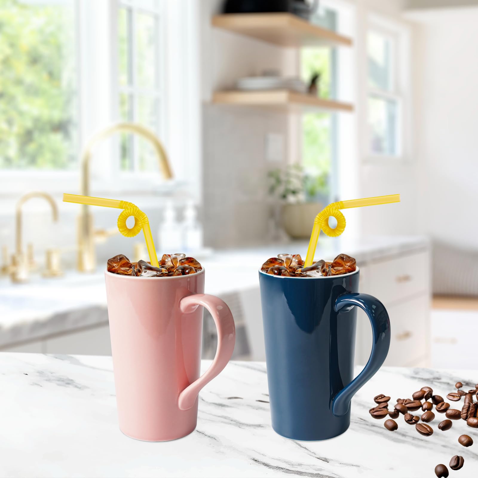 Taza simple de 20 onzas de color rosa y azul puro (juego de 2) taza de café con leche grande y alta de cerámica con asa como regalo para papá, mamá, amigos, 2 unidades