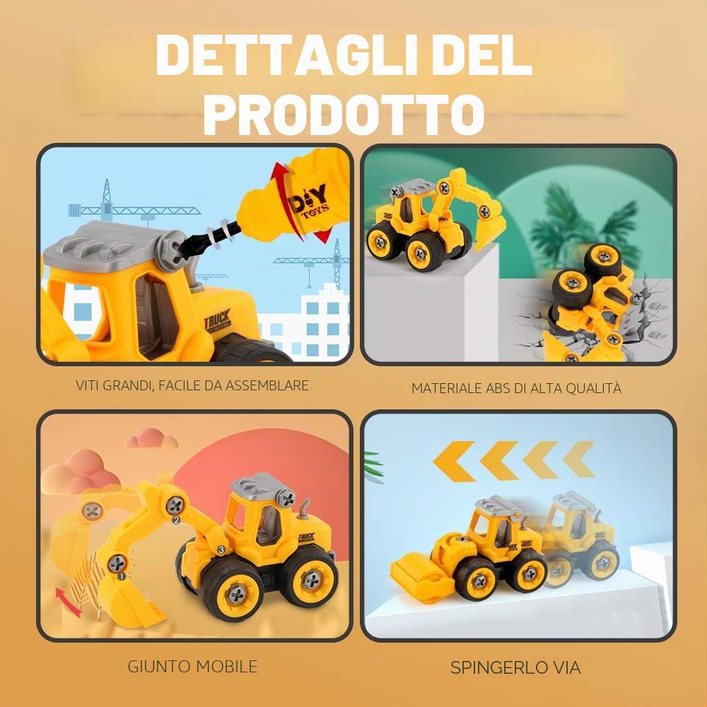 Set di Costruzione Giocattolo Auto Camion Escavatore con Cacciavite, Veicoli da Costruzione, Giocattolo DIY Educativo, Regalo per Bambini Ragazzi e Ragazze dai 3 4 5 6 Anni