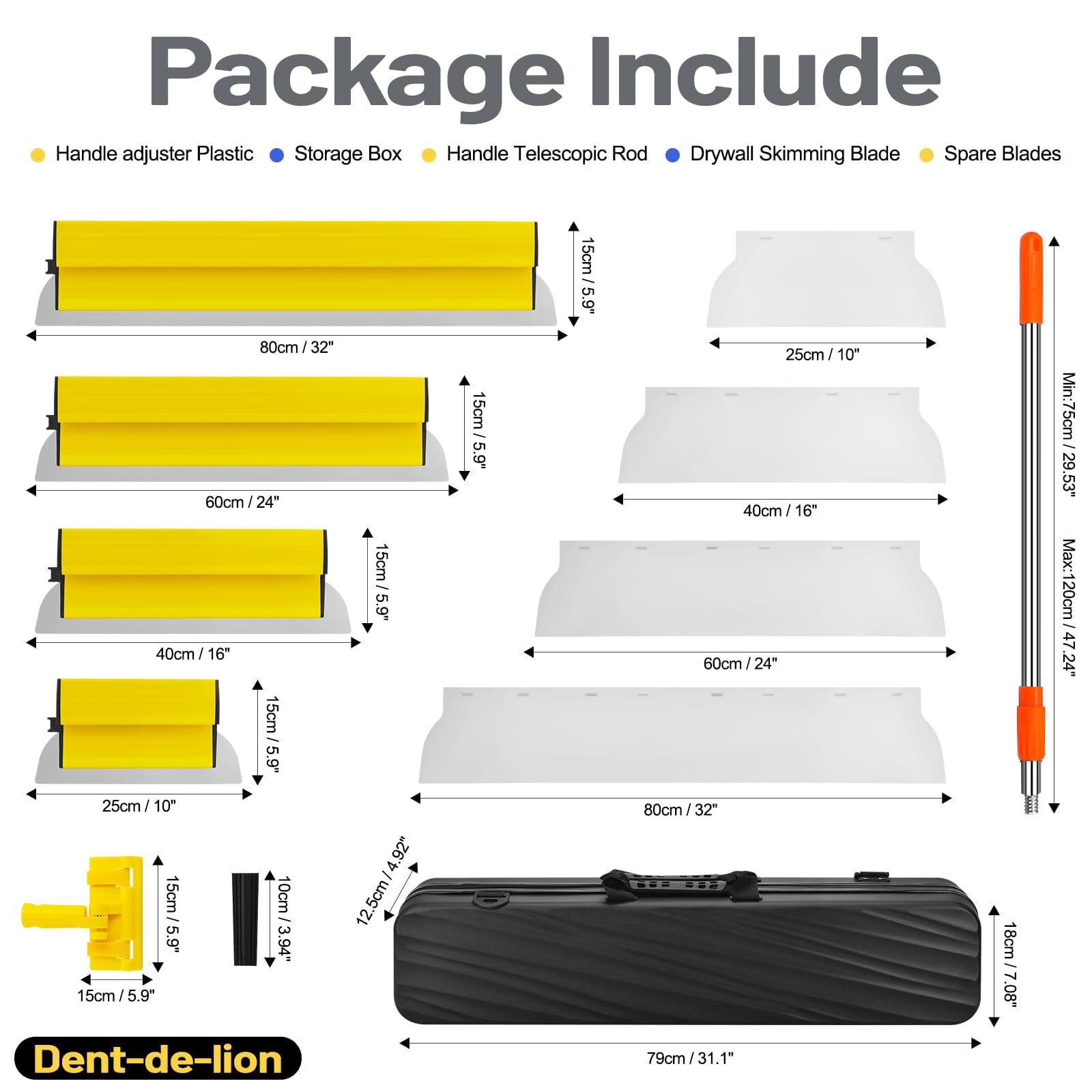 Kit de cuchillas de desnatado para paneles de yeso con caja de almacenamiento, cuchillas de acero inoxidable de 10, 16, 24 y 31 pulgadas, mango de extensión de 28 a 62 pulgadas, cuchillo alisador de