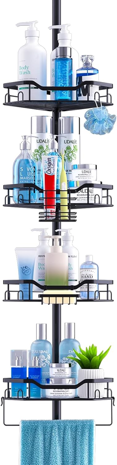 Shower Caddy Corner, 4 Tier Adjustable 48 to 115 Inch Adjustable Rustproof Corner Shower Caddy Tension Pole, Floor Standing Bath Rack with Rod (4 Tier - Triangular)