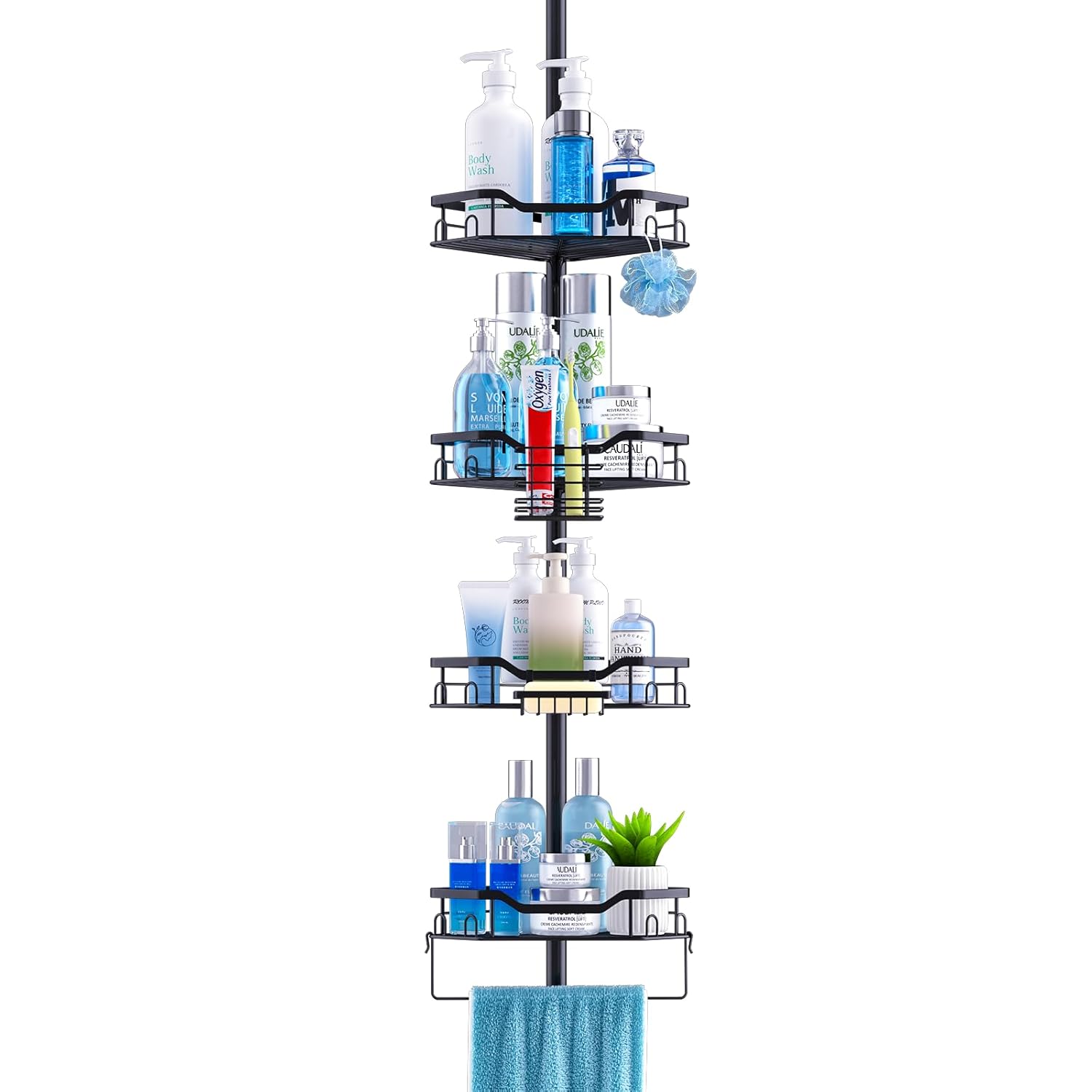 Shower Caddy Corner 4 Tier Adjustable 48 to 115 Inch Adjustable Rustproof Corner Shower Caddy Tension Pole Floor