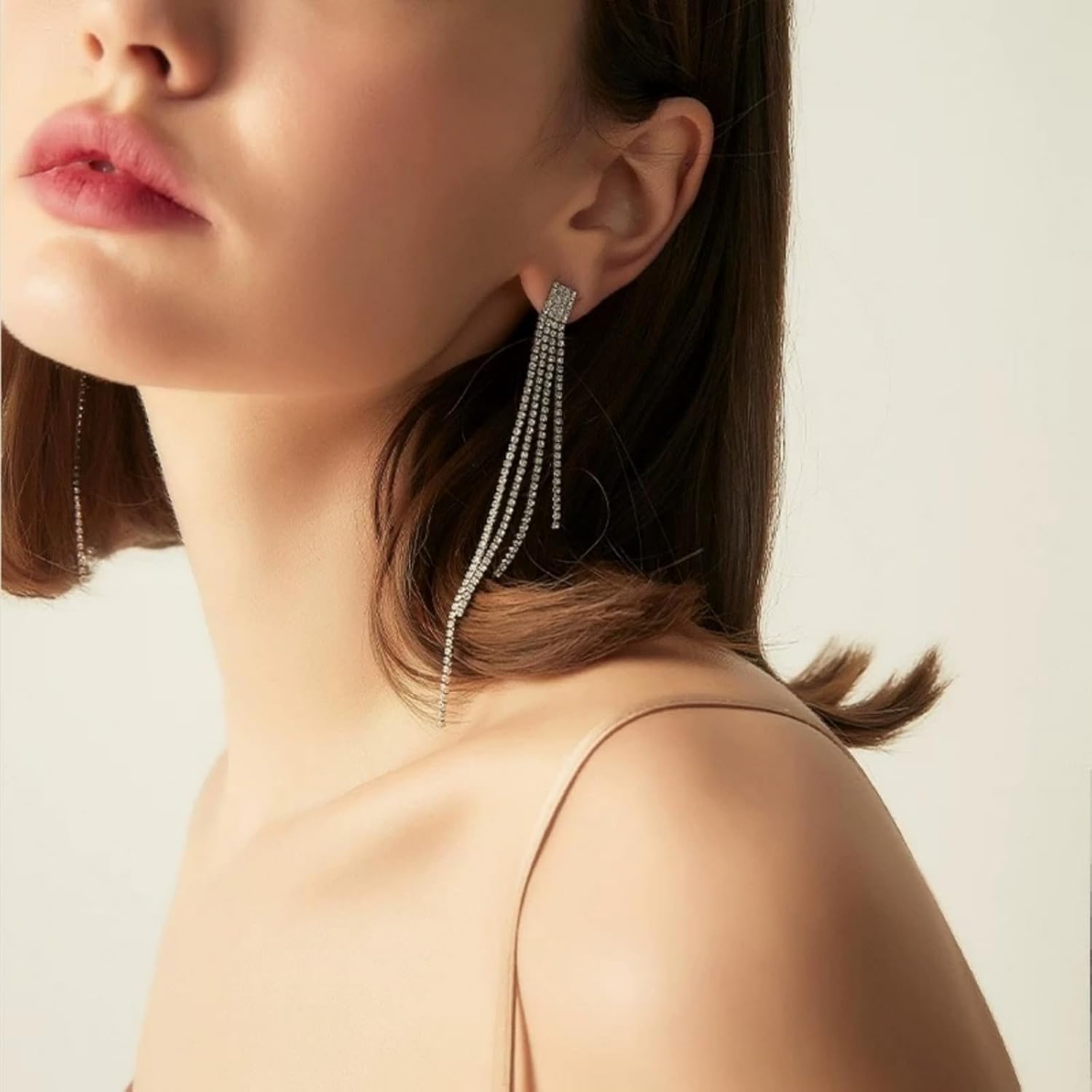 Silver Dangle Earrings: Rhinestone Tassel Crystal Chain Chandelier Statement Earrings for Women - Image 5