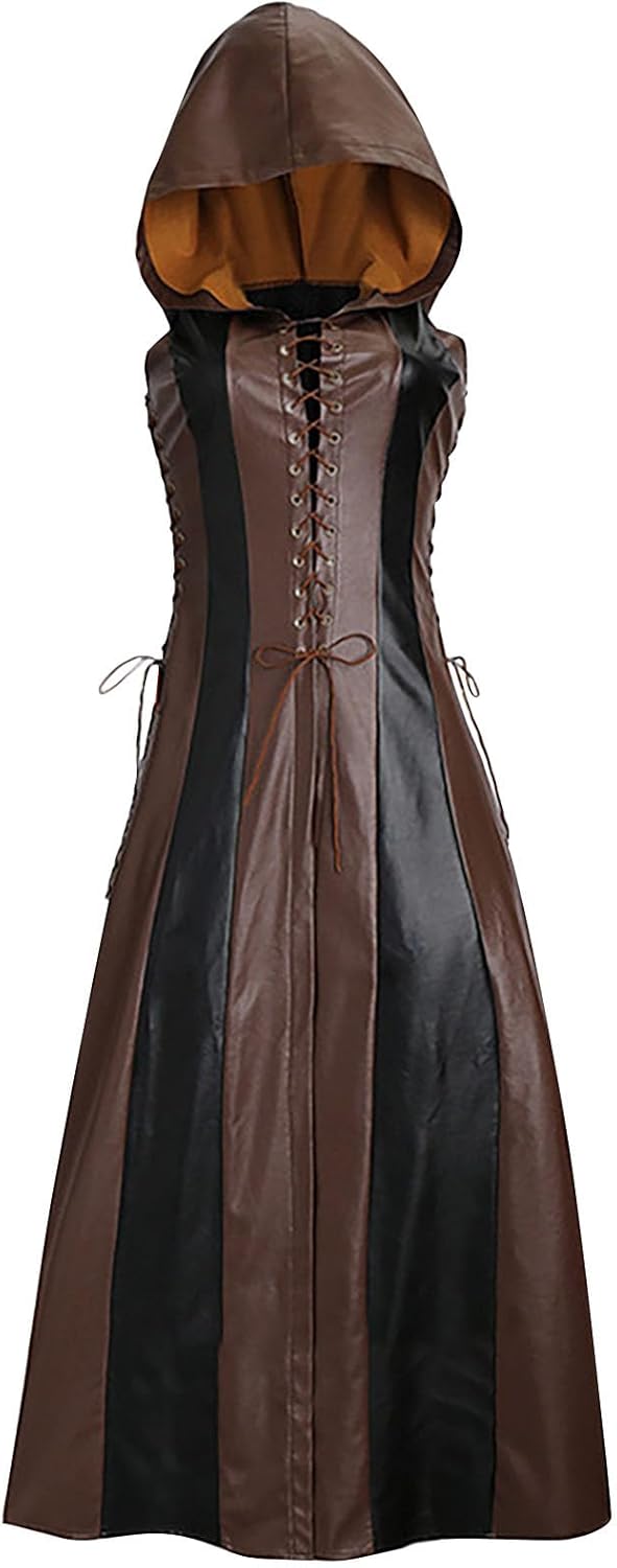 Oplxuo Women Steampunk Gothic Dress Faux Leather Halloween Cosplay Costume Hooded Sleeveless Lace Up Color Block Maxi Dresses