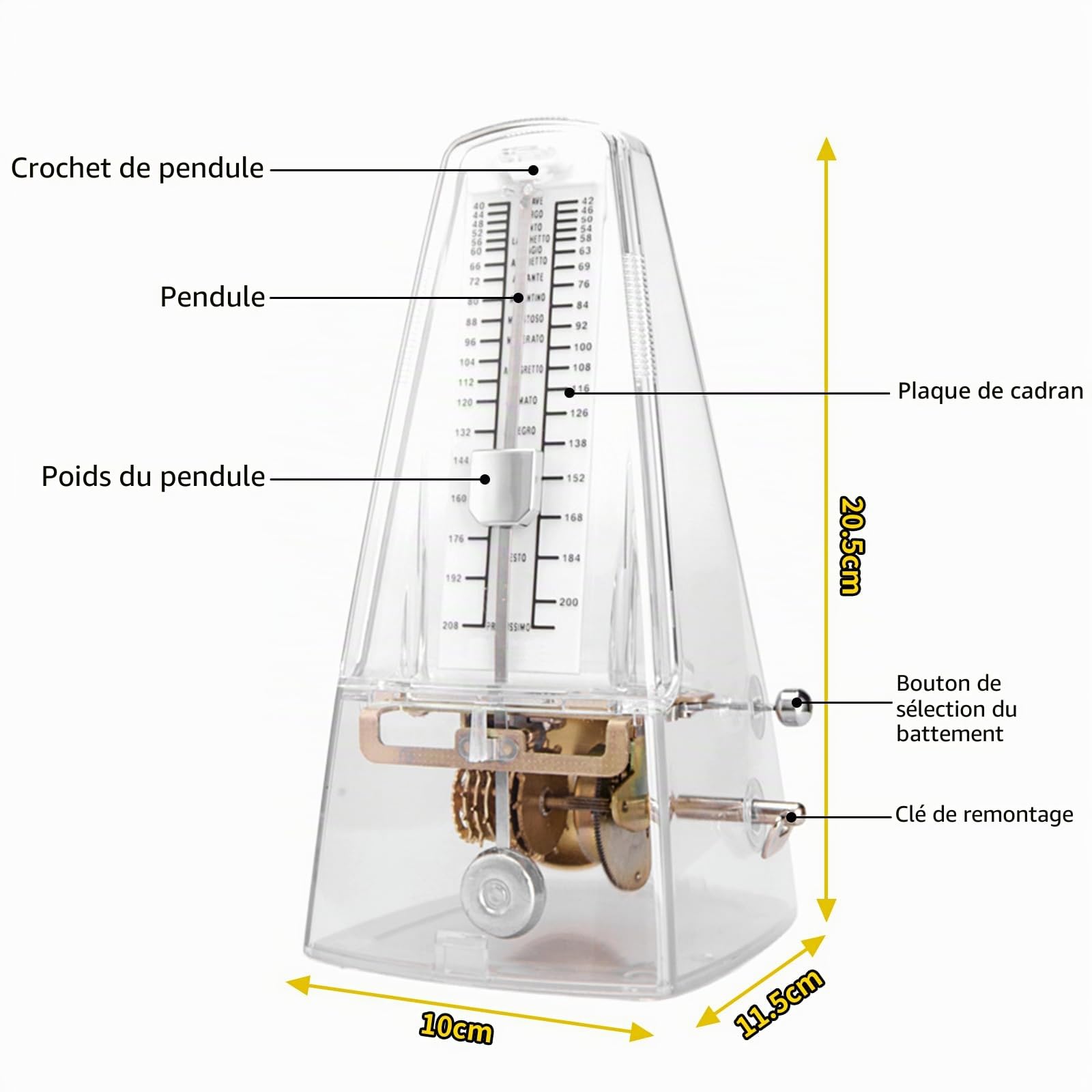 Métronome mécanique transparent Métronome mécanique pour piano, guitare, ukulélé, violon et chromatique, son fort, haute précision Track Beat et Tempo