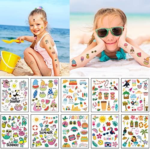 Summer Temporary Tattoo Stickers 200+ Patterns Hawaii Beach Pool Party Tropical Fake Tattoos Waterproof Pineapple Palm Tree Cat Ice Cream for Kids Boy Girl Adult