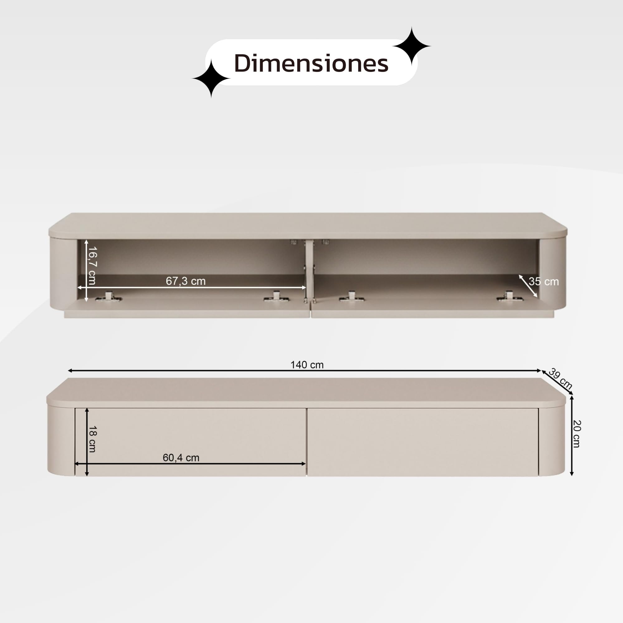 Selsey Mueble TV Suspendido Slim 140 cm Cashmere – Mueble de Salón Moderno para Televisión con Puertas Abatibles, Diseño Minimalista, Fabricado en Europa