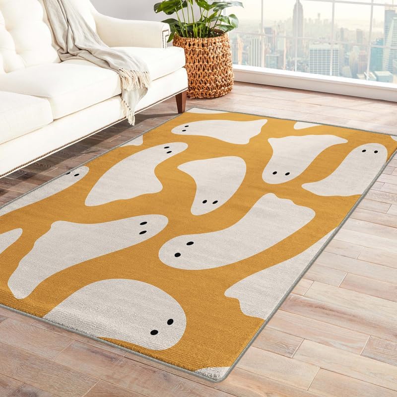 Alfombras fantasmas para dormitorio, sala de estar, alfombra de Halloween linda de 3 x 4, lavable, antideslizante, suave, alfombra de pelo bajo,