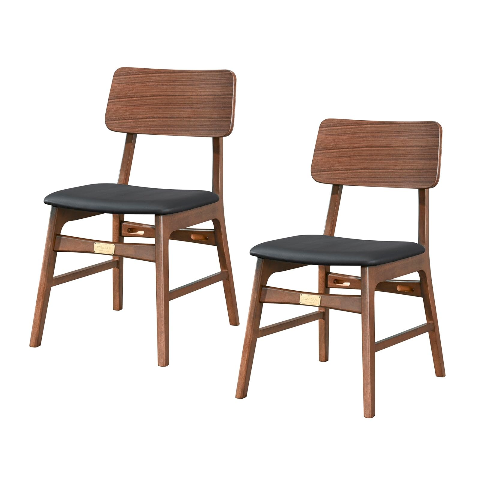CONSDAN Dining Chairs Set of 2, Solid Wood Frame, Walnut Hardwood Veneer, High-Resilience Cushions with Faux Leather Upholstery, Ergonomic Arc-Back