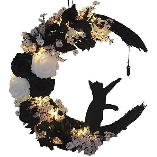 Halloween Wreaths For Front Door, Flower Moon Cat Halloween Home Decoration, Halloween Family Gathering Decoration Wreath，Outdoor, Wall, Closet, Fence, Wreath Halloween (Moon Cat - White)
