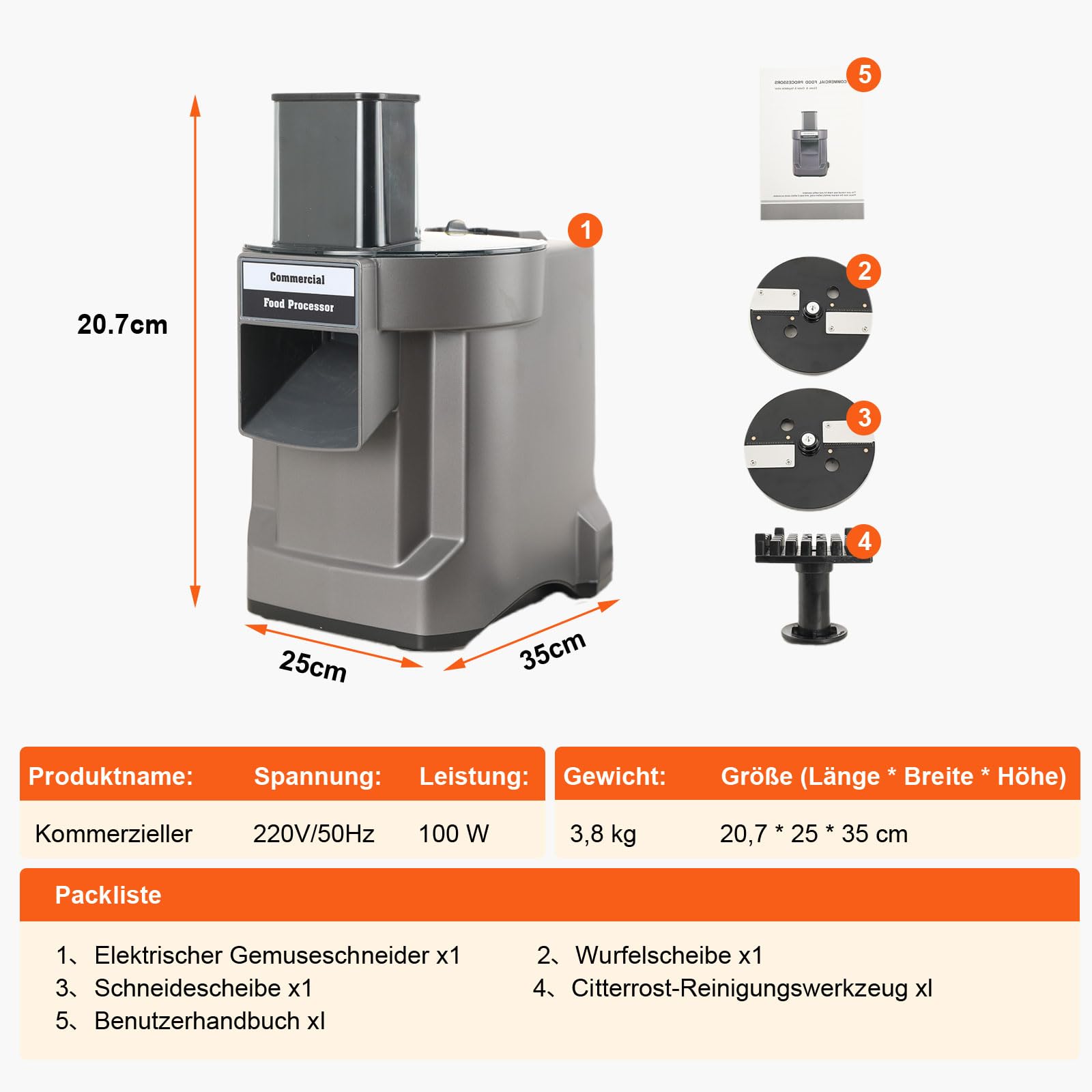 100W 3-in-1 Gemüseschneidmaschine, Gemüseschneider Elektrisch Gemüsehobel Professionell Würfelschneider Multifunktional Obstschneider mit 3 Typ Edelstahl Klingen für Kartoffel Karotte Zwiebel