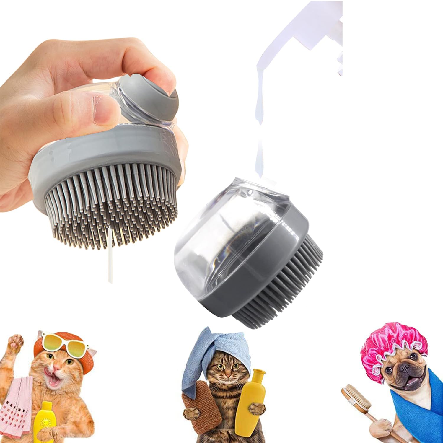 3-in-1 Pet Bath Brush Comb - 2Pack Soft Silicone Massage Brush for Dogs and Cats, with Shampoo Dispenser, Leak-Proof Design, Soft Silicone Dog Shampoo Brush, for Short Long Haired(Grey)