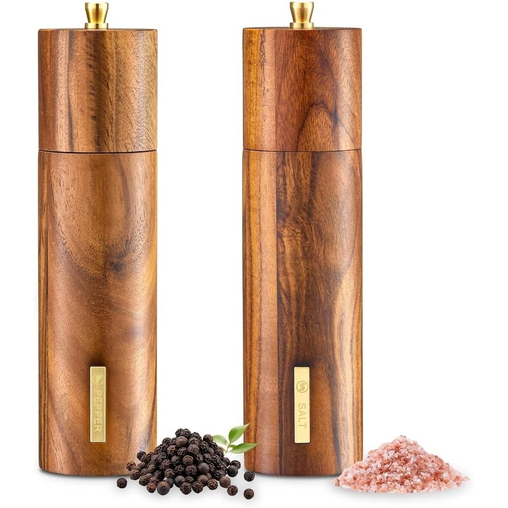Aundhegrtt Adjustable Coarseness Ceramic Core 2 Pc Wooden Salt and Pepper Grinder Set with, Salt and Pepper Shakers