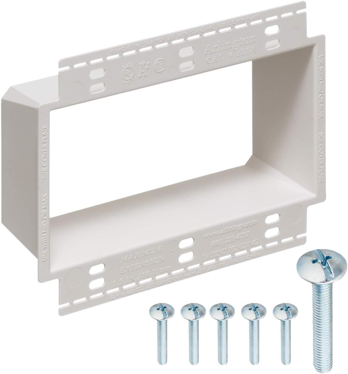 3-Gang XL Electrical Box Extender with Machine Screws, Complete Kit by DoodleYolk Inc. Junction box extension includes 6-32 truss head screws. Easy and Secure fix for miscut or sunken wall plates.