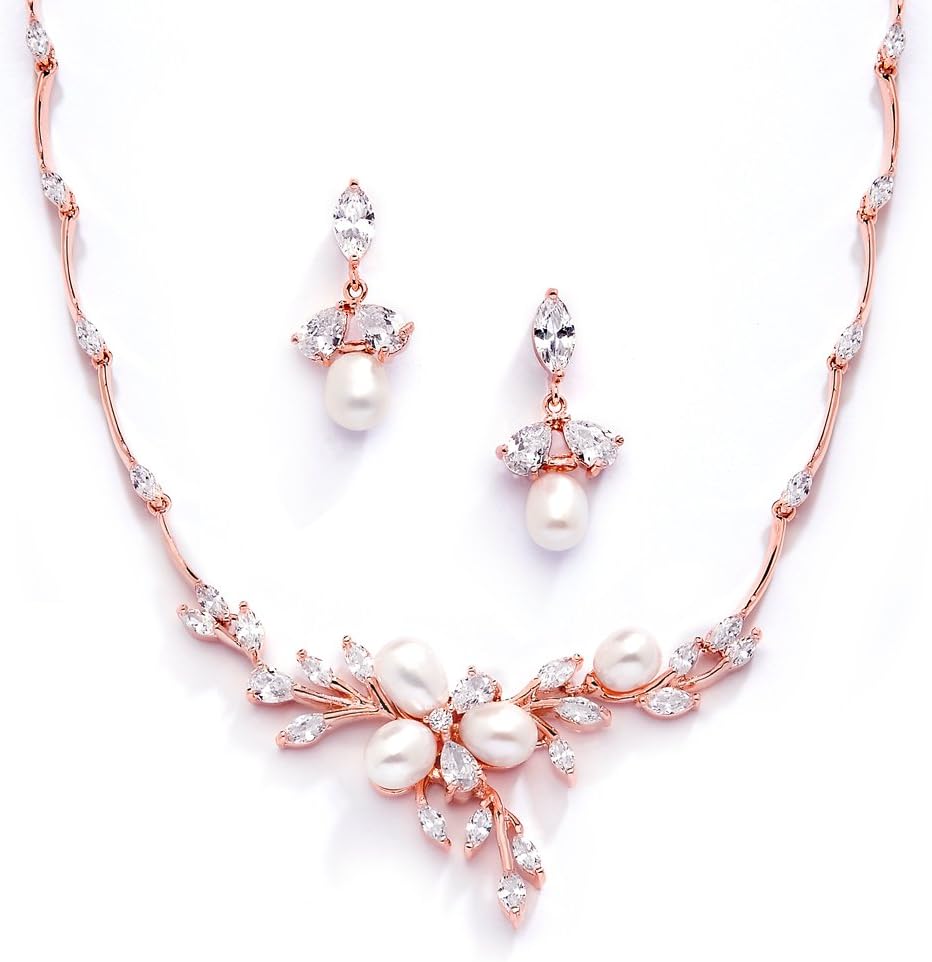 Mariell 14K Rose Gold Plated CZ Bridal Wedding Freshwater Pearl Necklace and Earrings Jewelry Set