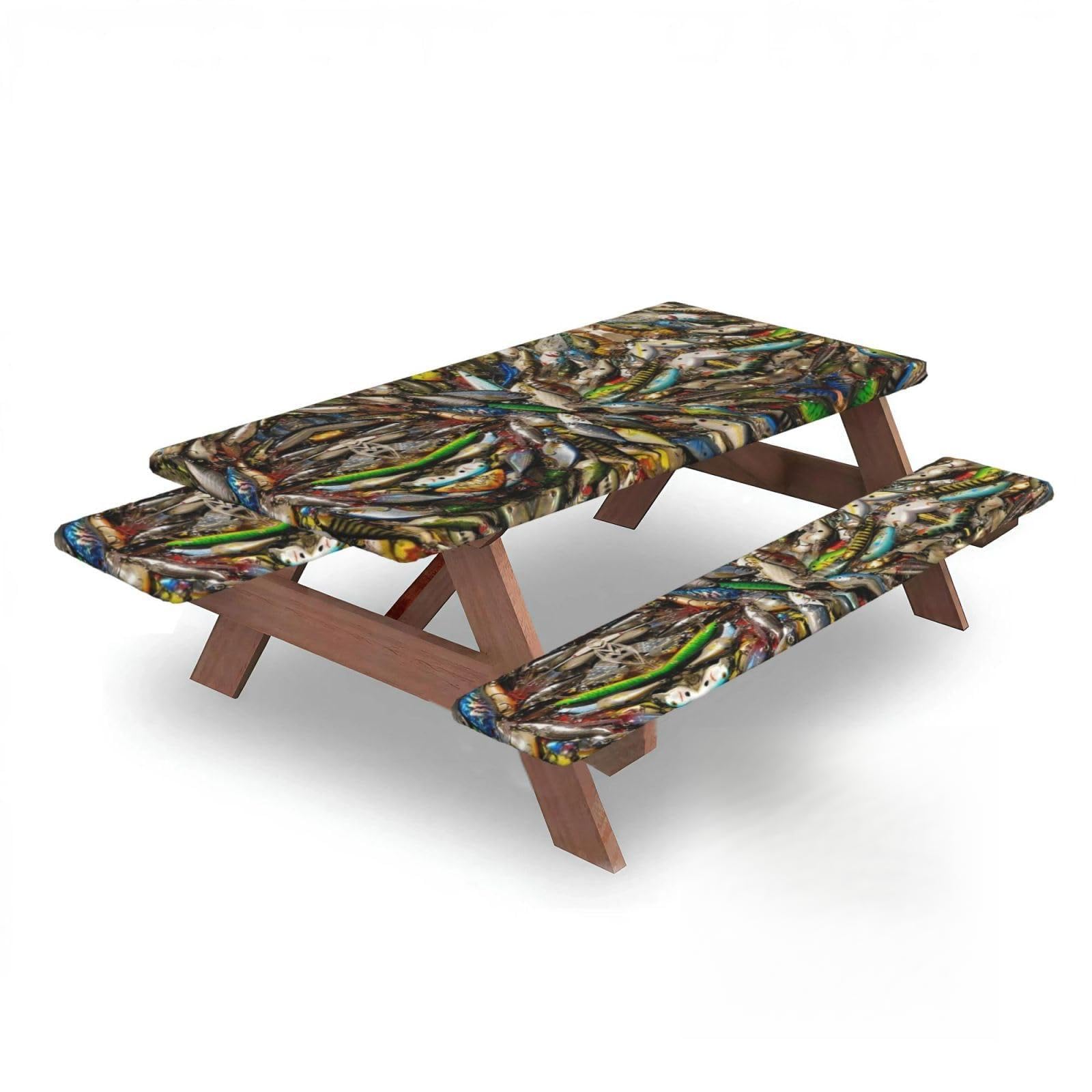 ESNAIUVCD Fishing Bait Print Picnic Table Cover With Bench Covers,Camping Essentials,Fitted Tablecloth Cover With Elastic Edge, For Indoor & Outdoor 3 Pcs